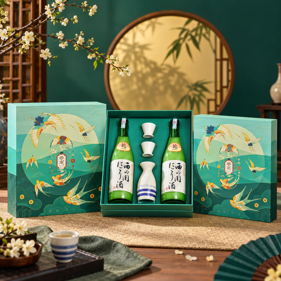 Hộp quà Tết Tinh Hoa Nhật gồm rượu sake Nhật và bộ bình chén uống sake