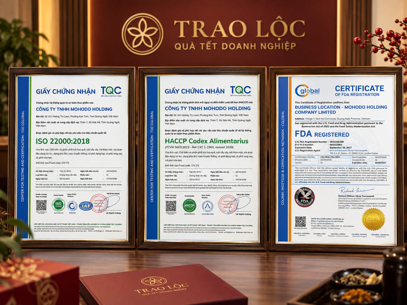 Chứng nhận ISO 22000:2018, HACCP Codex Alimentarius và đăng ký FDA Hoa Kỳ của Mohodo Holding