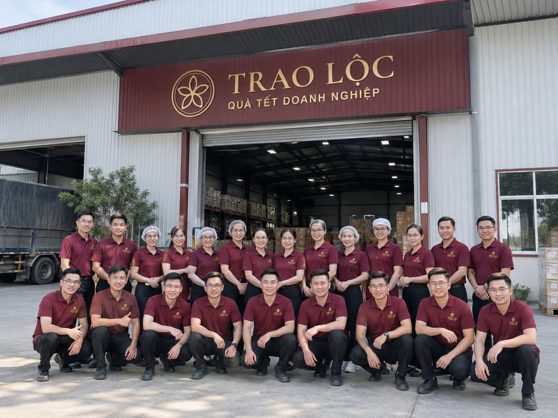 Đội ngũ Trao Lộc trước nhà xưởng đóng gói quà Tết