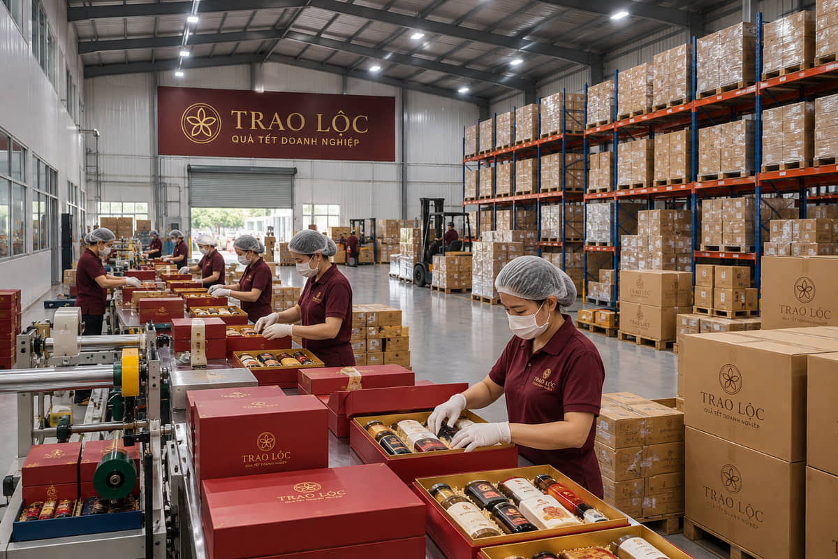 Toàn cảnh nhà xưởng đóng gói quà Tết rộng 3.000 m² của Trao Lộc